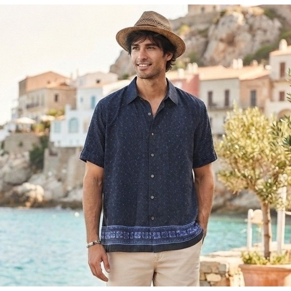 Axcess Shirt Men L Blue Excellent Vintage Print Short Sleeve